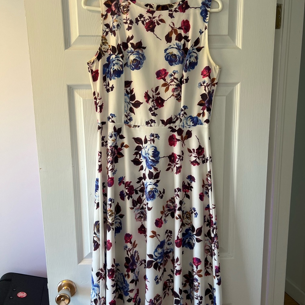 Floral Sleeveless Dress - White with Blue and Red Accents